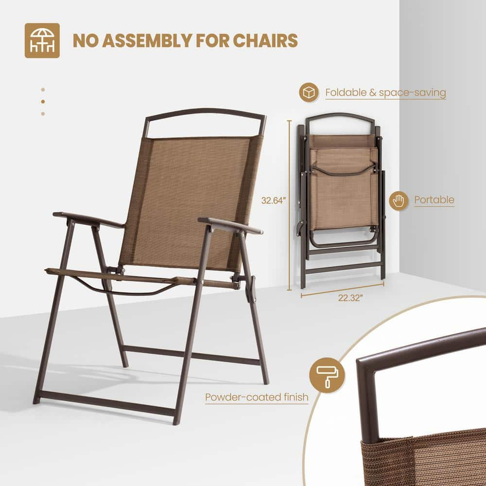 Crestlive Products 6 PCS Patio Dining Set,4 Folding Chairs, Square Tempered Glass Table and Umbrella Set, Brown