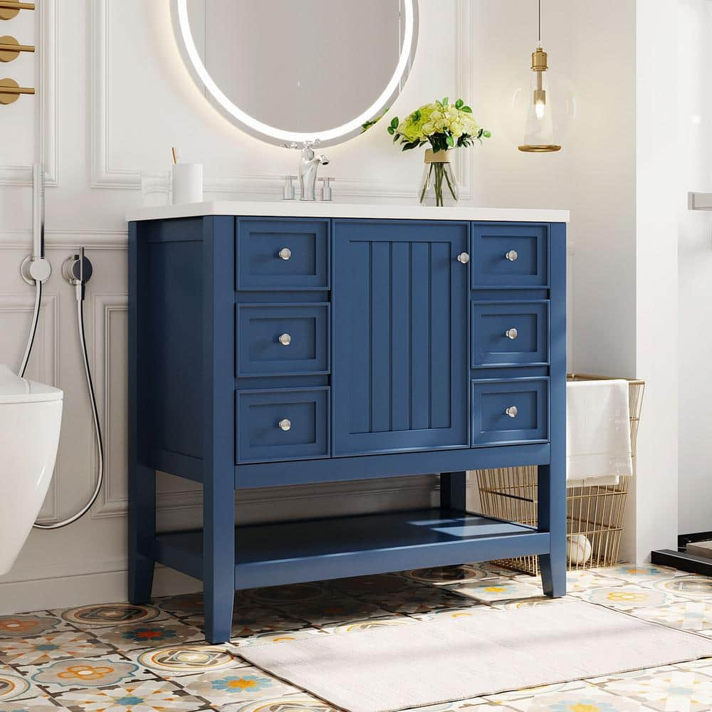 36" Bathroom Vanity with Sink Combo, Bathroom Vanity and Sink Set with 1 Cabinet and 3 Drawers, Solid Wood and MDF Board Frame, Blue