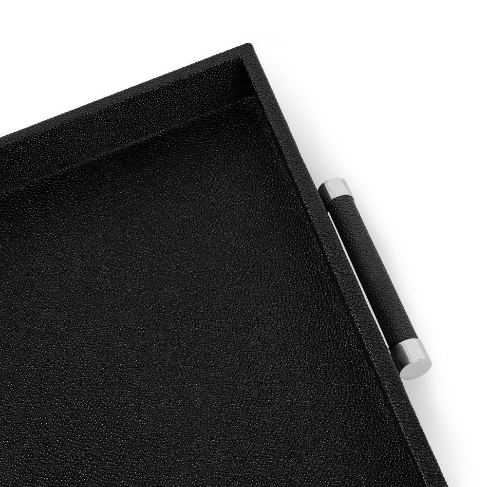 Decorative Serving Tray-Black Shagreen Square with Stainless Steel Silver Handles 18.11 X 18.11 X 1.96" Polyurethane