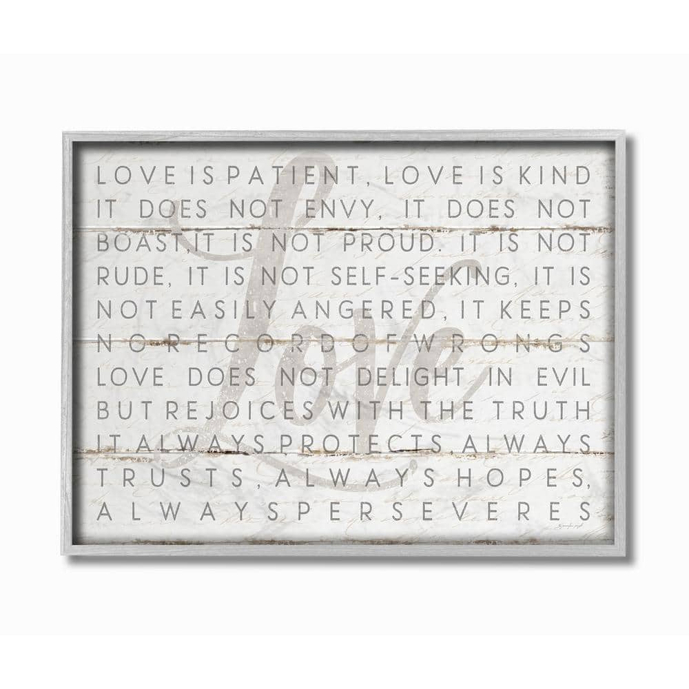 The Stupell Home Decor Love Is Patient Grey on White Planked Look Gray Framed Texturized Art