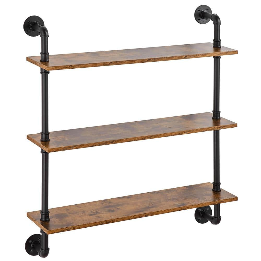 VEVOR Industrial Pipe Shelf, 3 Tier 32x7.87in, Wall-Mount Floating Rustic Wood Shelves Bracket Display Bookshelf, Storage Rack Sundries Holder for Kitchen Bedroom Bathroom Living Room, Black