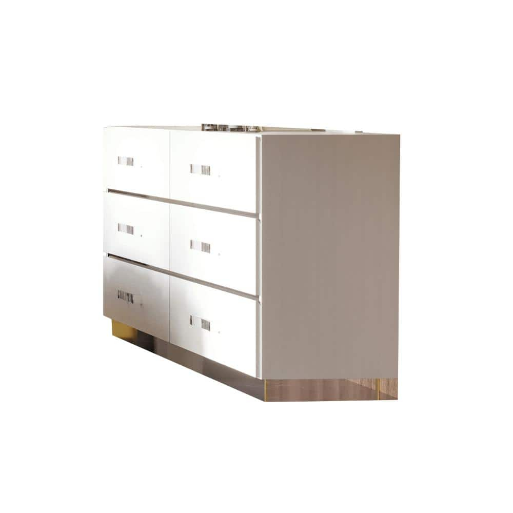 White and Chrome 60" Modern Wide 6-Drawer Dresser