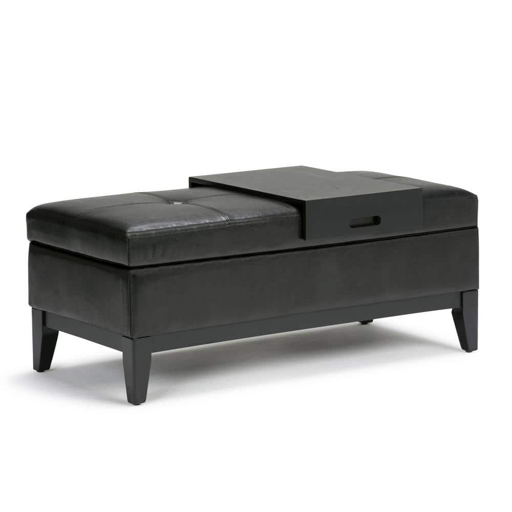 Simpli Home Oregon 42 inch Wide Contemporary Rectangle Storage Ottoman Bench with Tray in Tanners Brown Faux Leather-Finish:Midnight Black