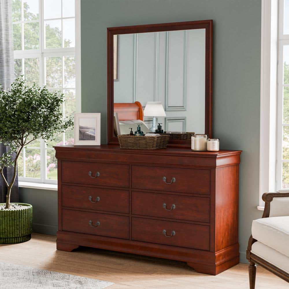 Furniture of America Toni Wood 6-Drawer Dresser with Mirror in Cherry