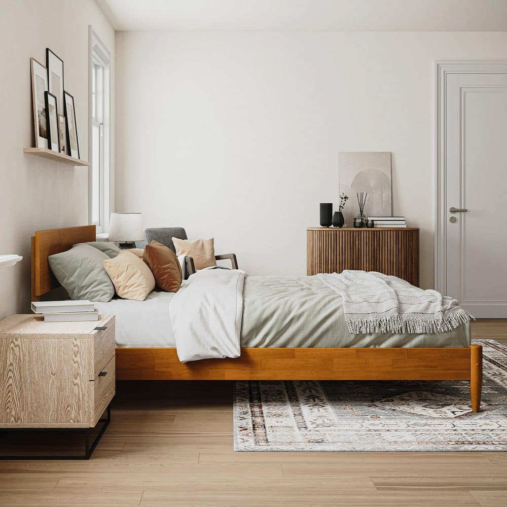 AFI Aria Queen Modern Solid Wood Low Profile Platform Bed, Light Toffee