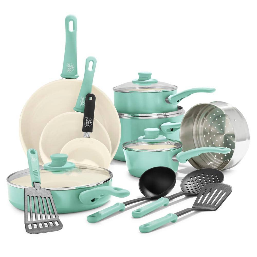 Turquoise Aluminum 16-Piece Nonstick Cookware Set with Glass Lids