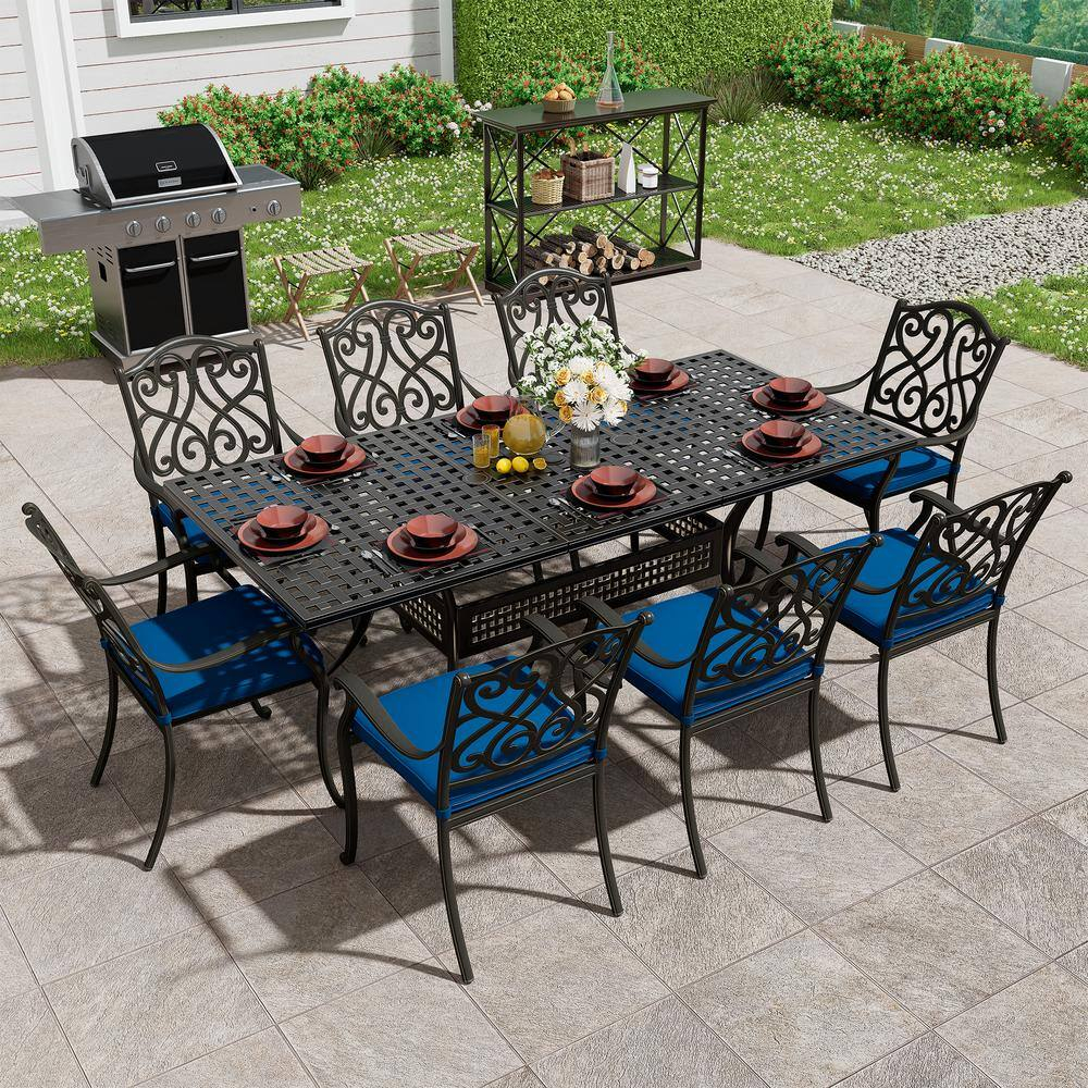 Black Cast Aluminum 6-Person Outdoor Dining Set with Blue Cushions