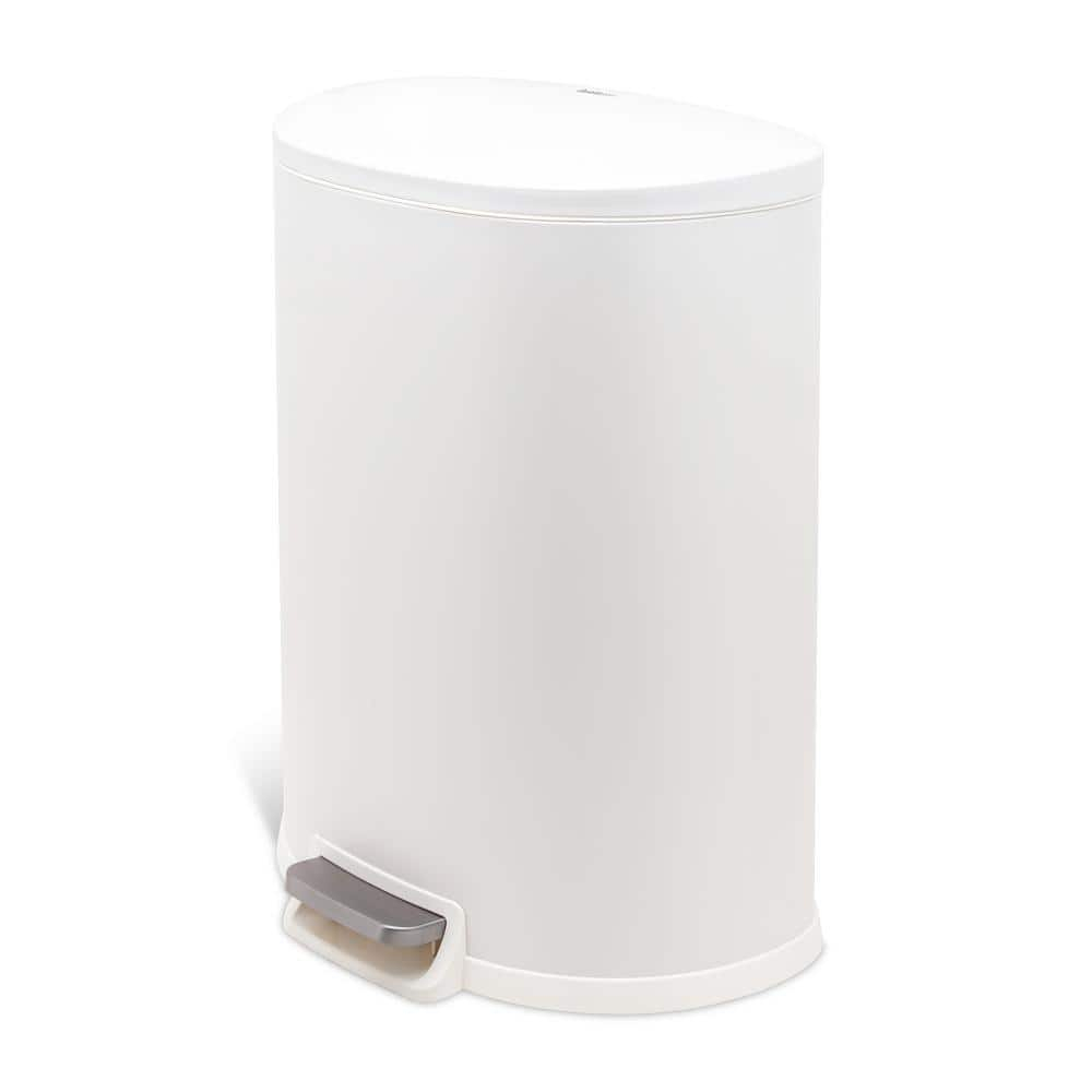 13 Gal. Matte White Stainless Steel Kitchen Trashcan, Step-on, D Shape