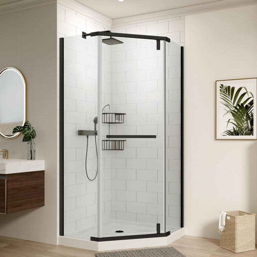 34.75" Wx72 H Neo-Angle Frameless Shower Door,Corner Shower Enclosure 304 Stainless Steel Handle,Pivot Shower Door with 1/4 in(6mm) Thick Tempered Clear Glass（Shower Base Not Included Black