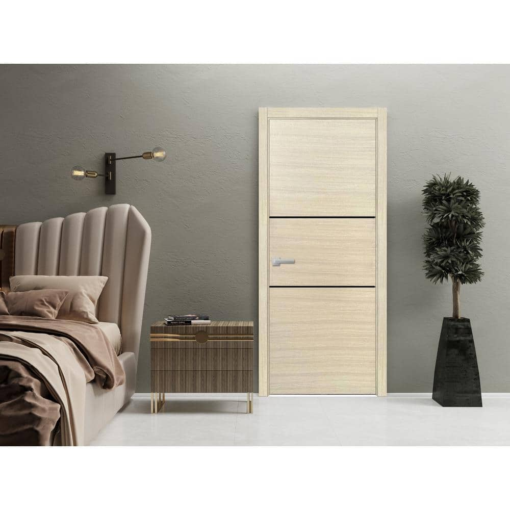 Modern Wood Interior Pre-Hung Door with Hardware | Planum 0014 Natural Veneer | Single Panel Frame Trims | Bathroom Bedroom Sturdy Doors-30" x 80"