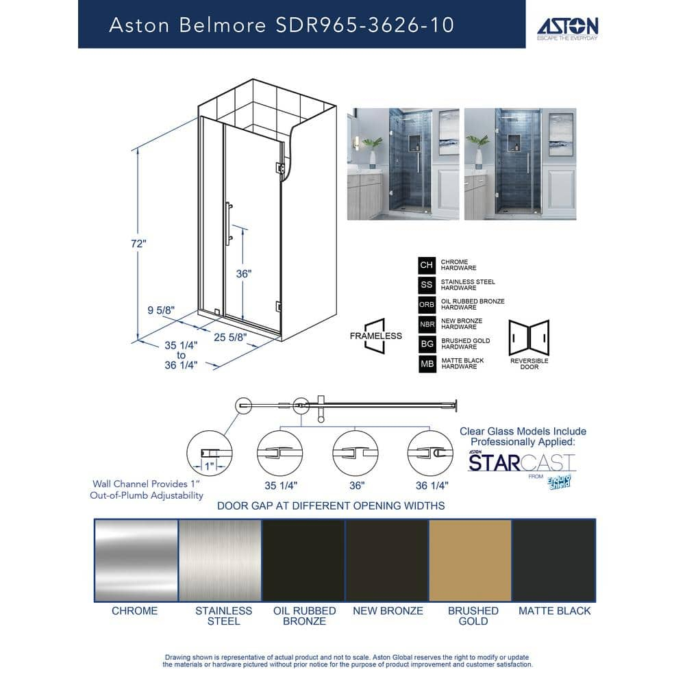 Belmore 36 x 72 Hinged Frameless Shower Door