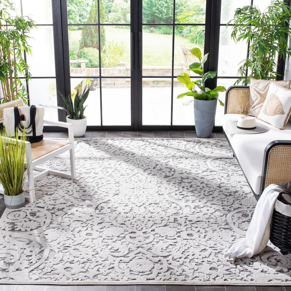SAFAVIEH Cabana Ruadhan Ivory/Grey 2'2"X9' Runner Indoor/Outdoor Area Rug Ivory/Grey, 9' x 12'