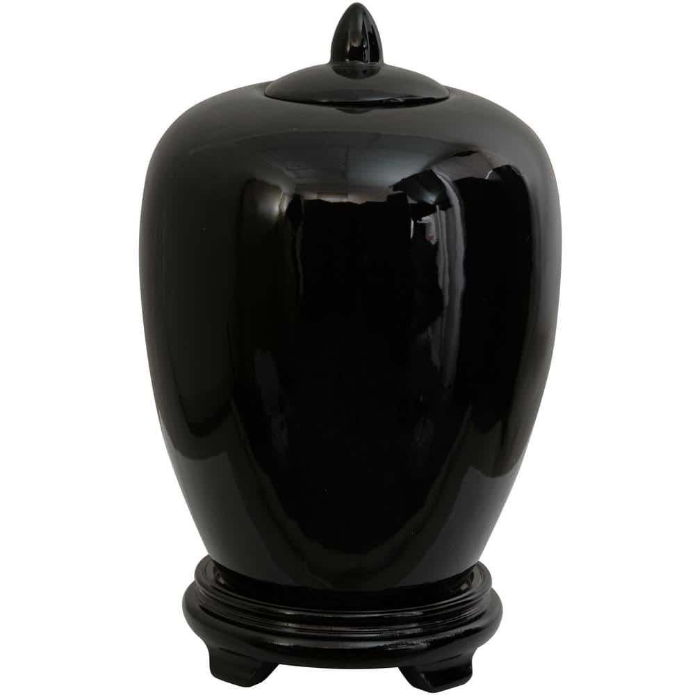 Oriental Furniture 11" Solid Black Porcelain Vase Jar, Black, decorative item, oriental design, living room