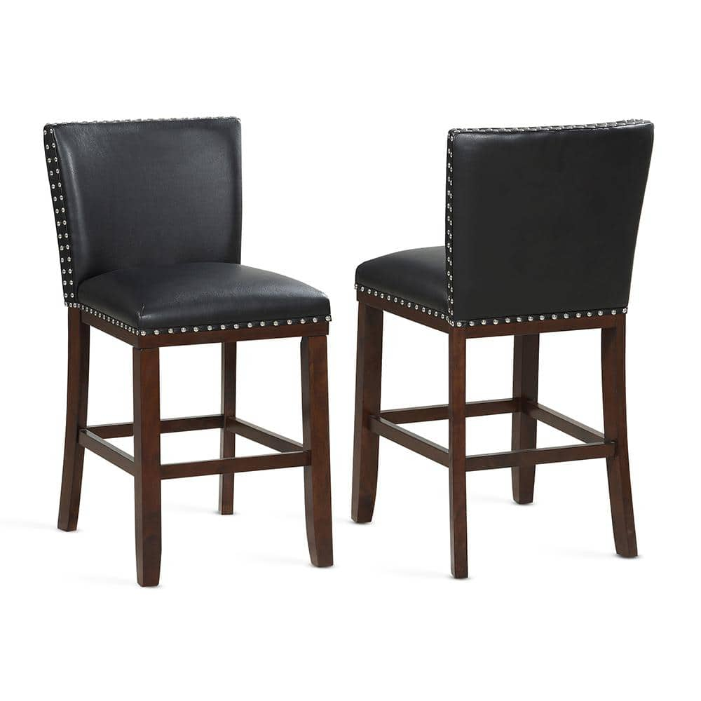 Tiffany Counter Chairs - Set of 2 - Black - Nailhead Trim Kitchen Island Stools - Wood Legs