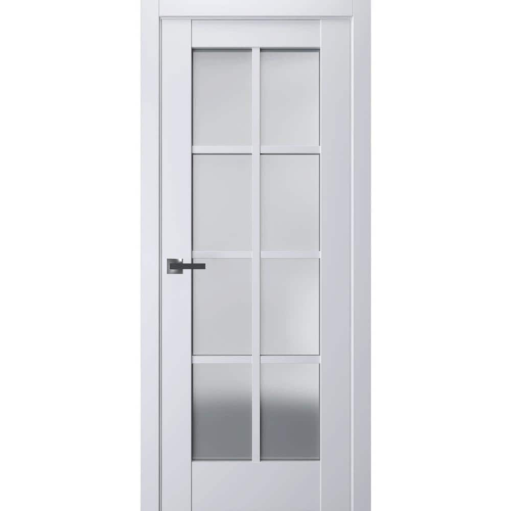 Interior Solid French Pre-Hung Door Frosted Glass | Veregio 7412 White Silk | Single Regular Panel Frame Trims Handle | Bathroom Bedroom Sturdy Doors -24" x 80"