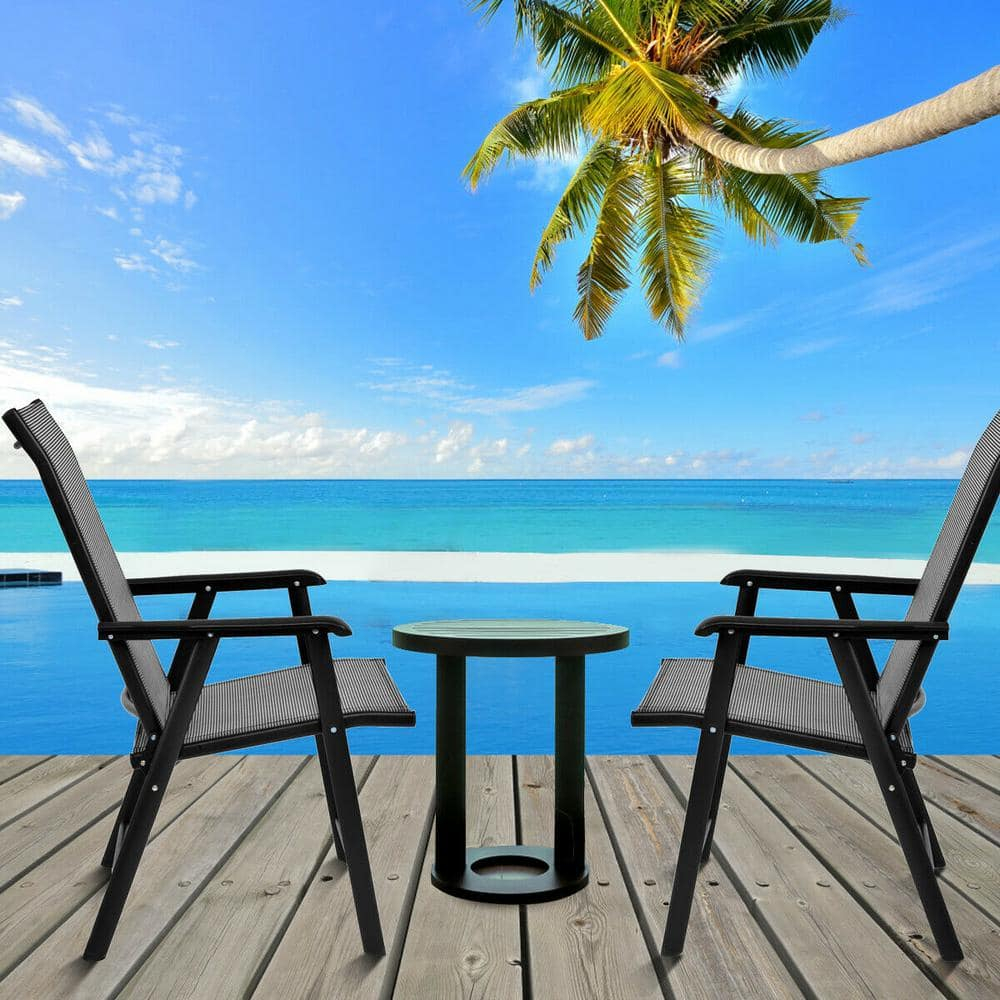 Gray and Black Steel Folding Patio Dining Chairs with Armrests, Set of 2