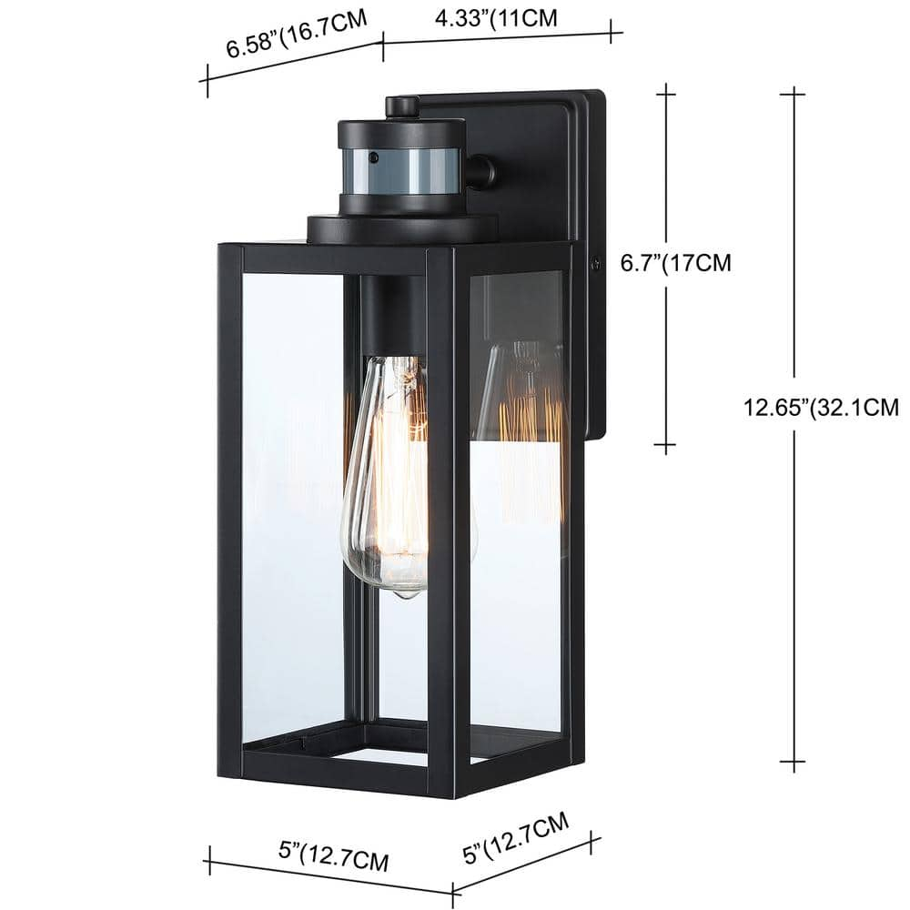 12 in. 1-Light Matte Black Motion Sensing Dusk to Dawn Outdoor Wall Lantern Sconce Sensor