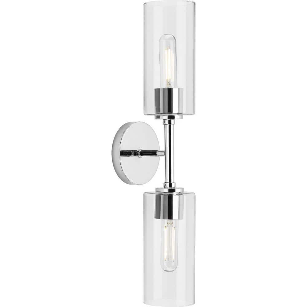 Progress Lighting Cofield 2-Light Wall Bracket, Polished Chrome, Cylindrical Glass Shade