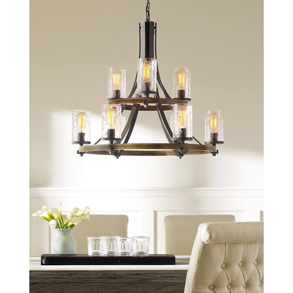Distressed Weathered Oak and Slate Grey 9-Light Chandelier