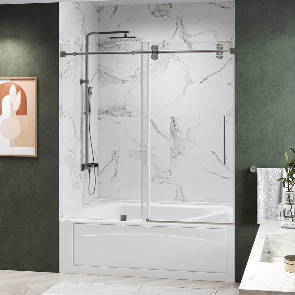 Frameless Sliding Shower Door, 76 x (44-48) Inch Frameless Shower Door, 5/16" (8mm) Clear Tempered Glass in Brushed Nickel Finish, Glass Shower Door