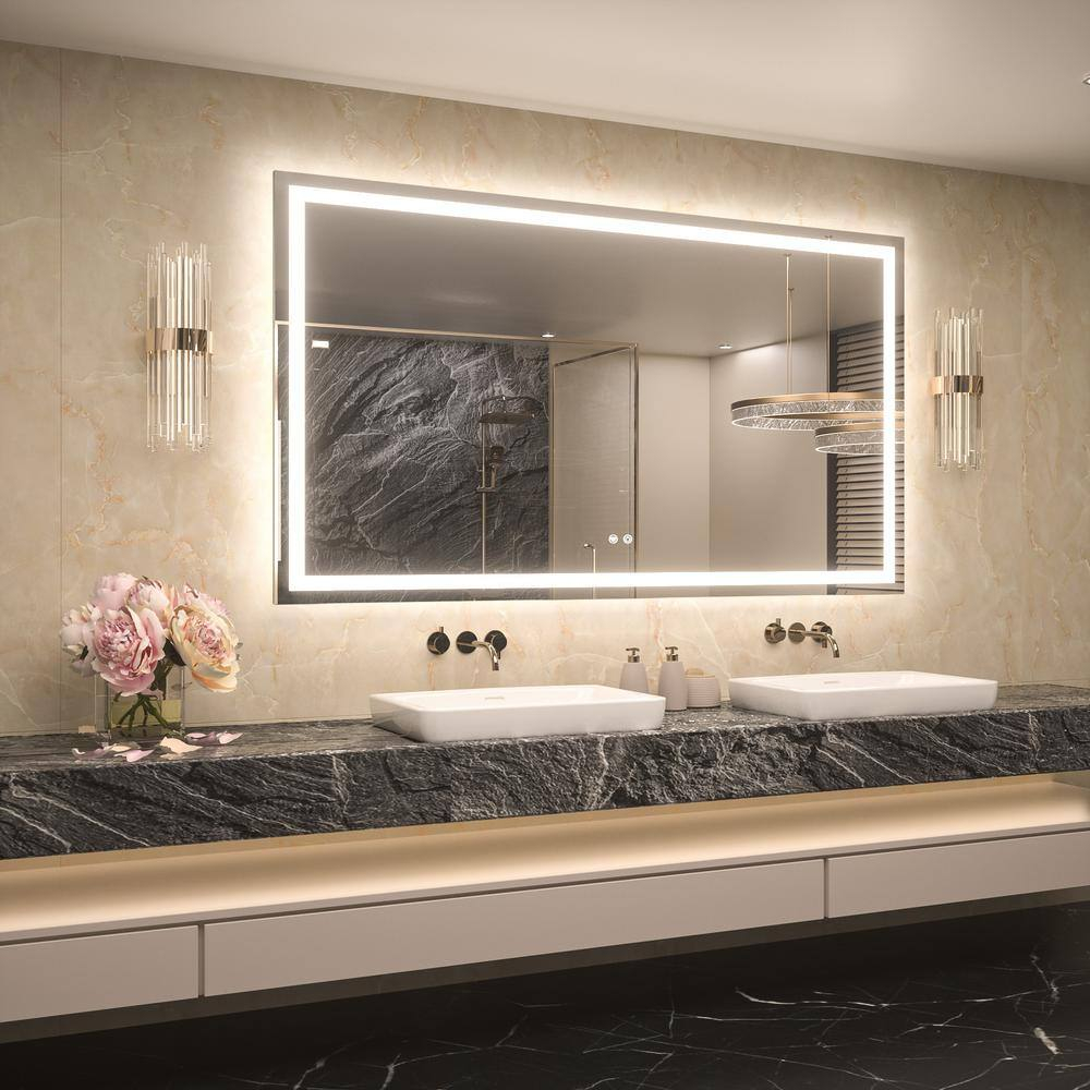 Keonjinn LED Bathroom Mirror 60 ” x 36 ” with Frontlit & Backlit, Lighted Mirror with Stepless Dimmable 3-Color Lights, Bathroom Vanity Mirror with HD Tempered Glass, UL-Listed LED Driver, CRI90+