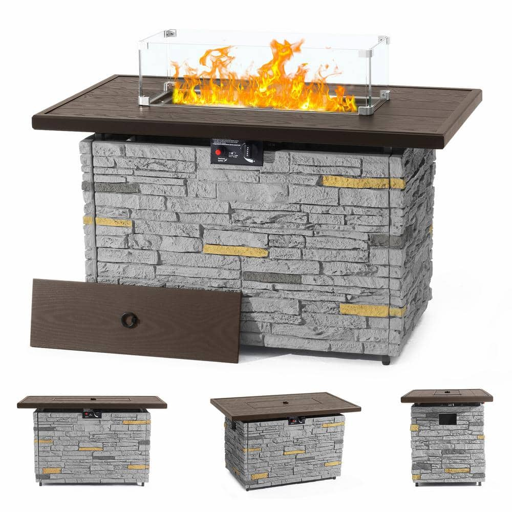 43" Propane Fire Pit Table Outdoor Rectangular Stone Firepit Table 50000 Btu Propane Fire Tables for Outside Patio with Glass Wind Guard, Lid, Fire Glass Beads, Pizzello Caldo (Gray Stone)