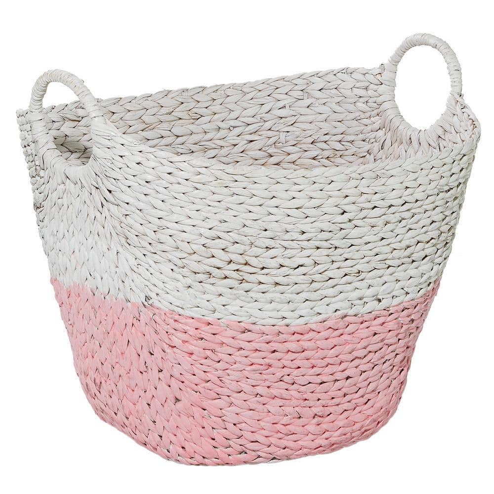 Cosmoliving by Cosmpolitan Seagrass Contemporary Woven Storage Basket 21"W x 19"H, with Daisy White Finish and Half Dipped Pink Accent