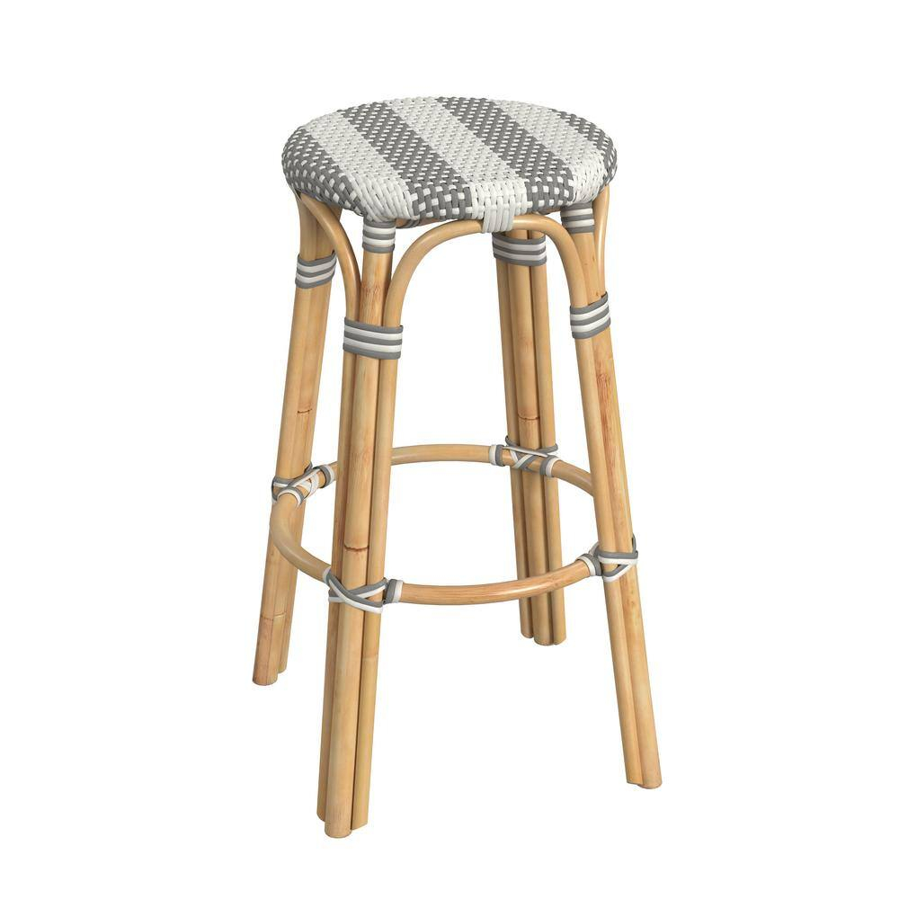 Butler Specialty Company Tobias Round Rattan 30" Bar Stool - Gray & White Stripe