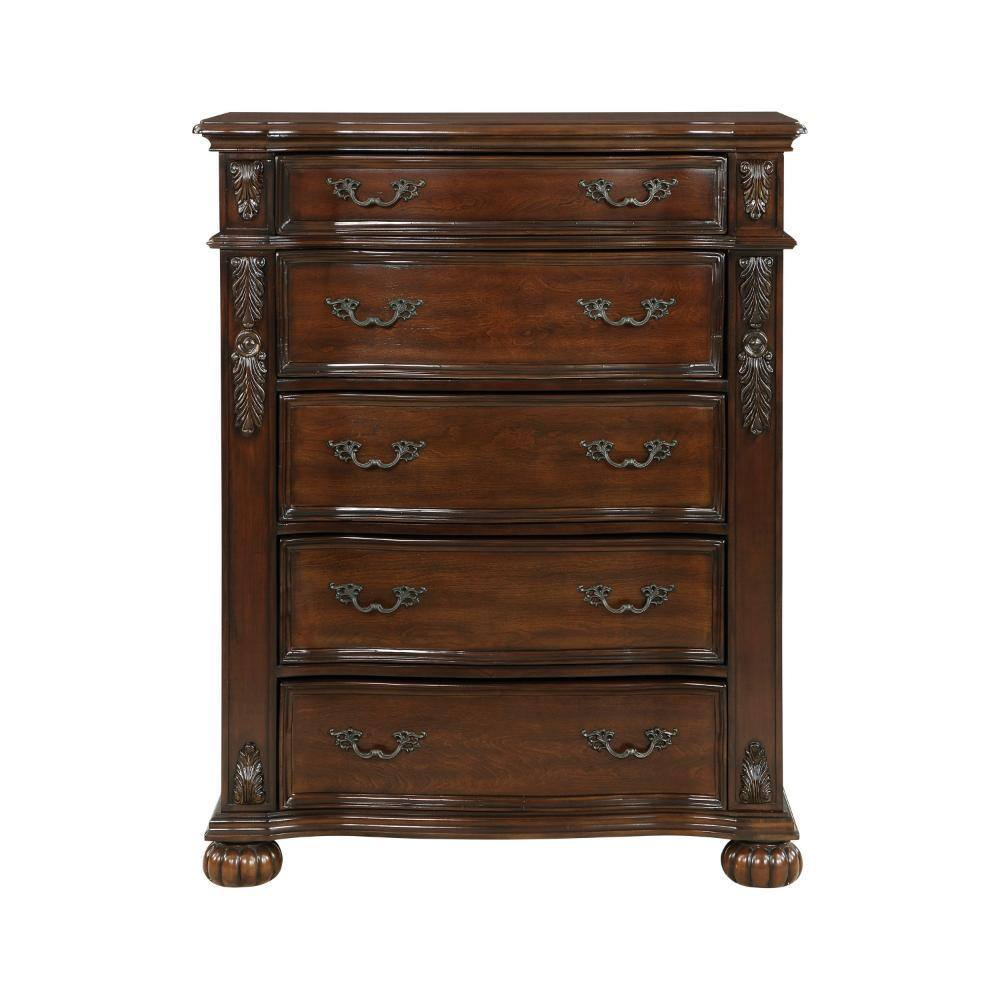 Benjara Nami 50 Inch Tall Dresser Chest, 5 Drawers, Carved Cherry Brown Solid Wood