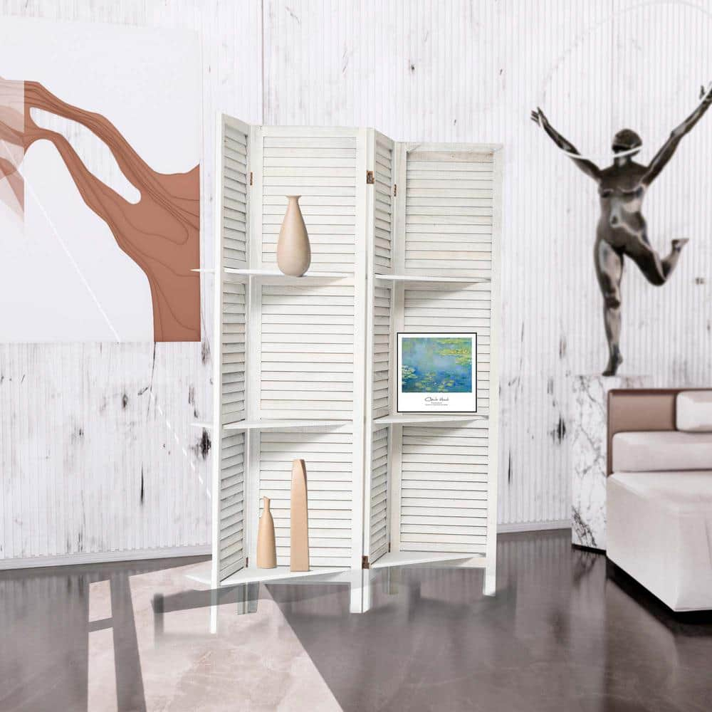 Dovelina 4 Panel Room Divider with Shelves, 5.6Ft Portable Wood Room Partitions, White
