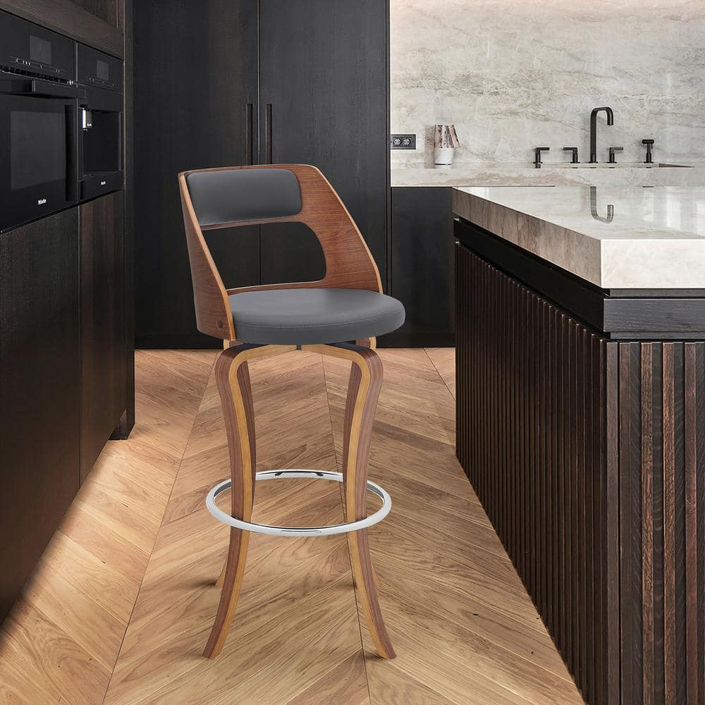 30 in. Grady Swivel Gray Faux Leather & Walnut Wood Bar Stool,