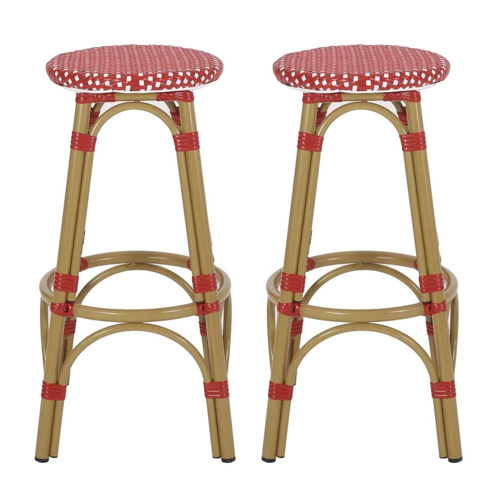 Wilbur Aluminum and Wicker Outdoor 29.5 Inch Barstools, Set of 2, Red, White, and Bamboo Finish