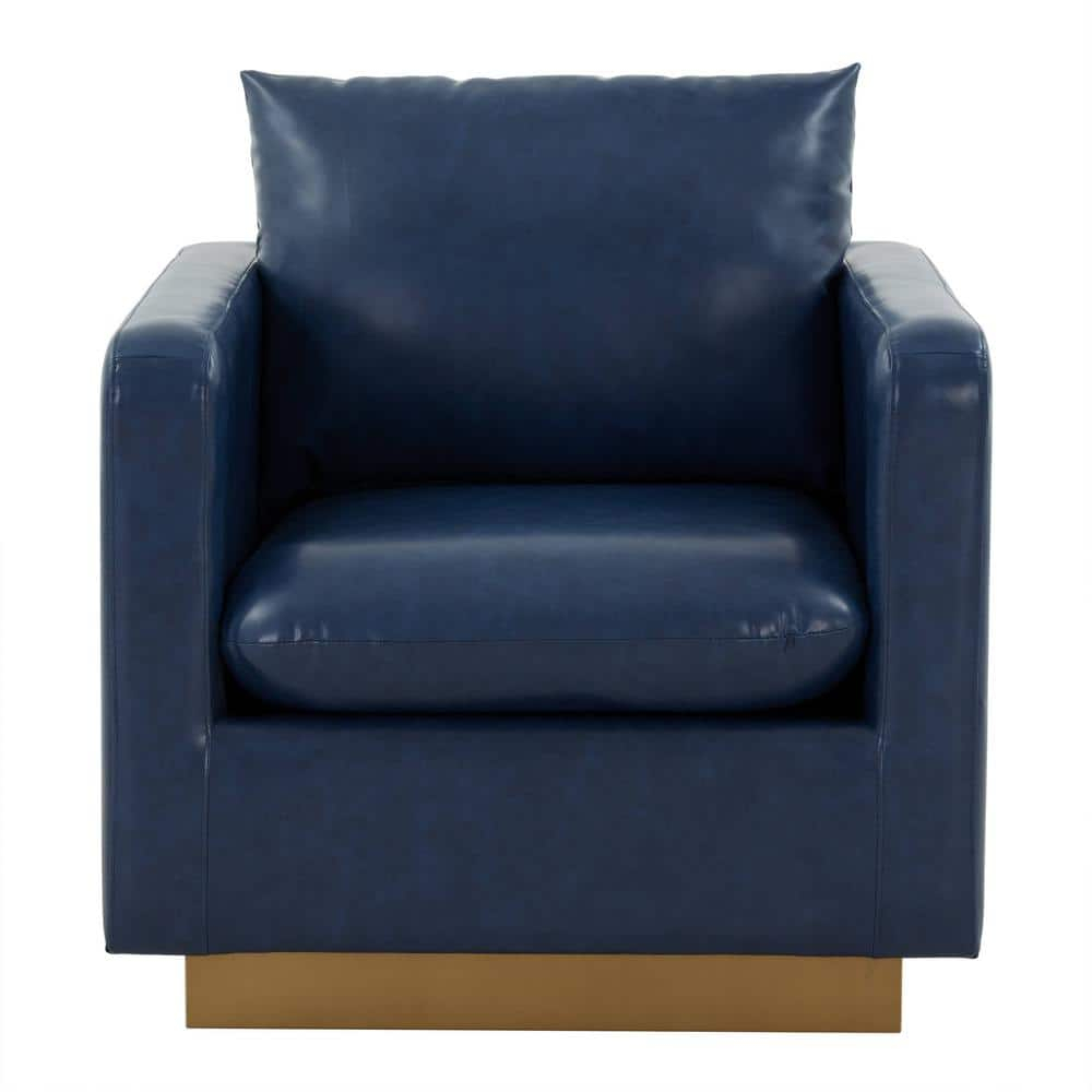 LeisureMod Nervo Modern Leather Upholstered Accent Arm Chair With Gold Frame in Navy Blue