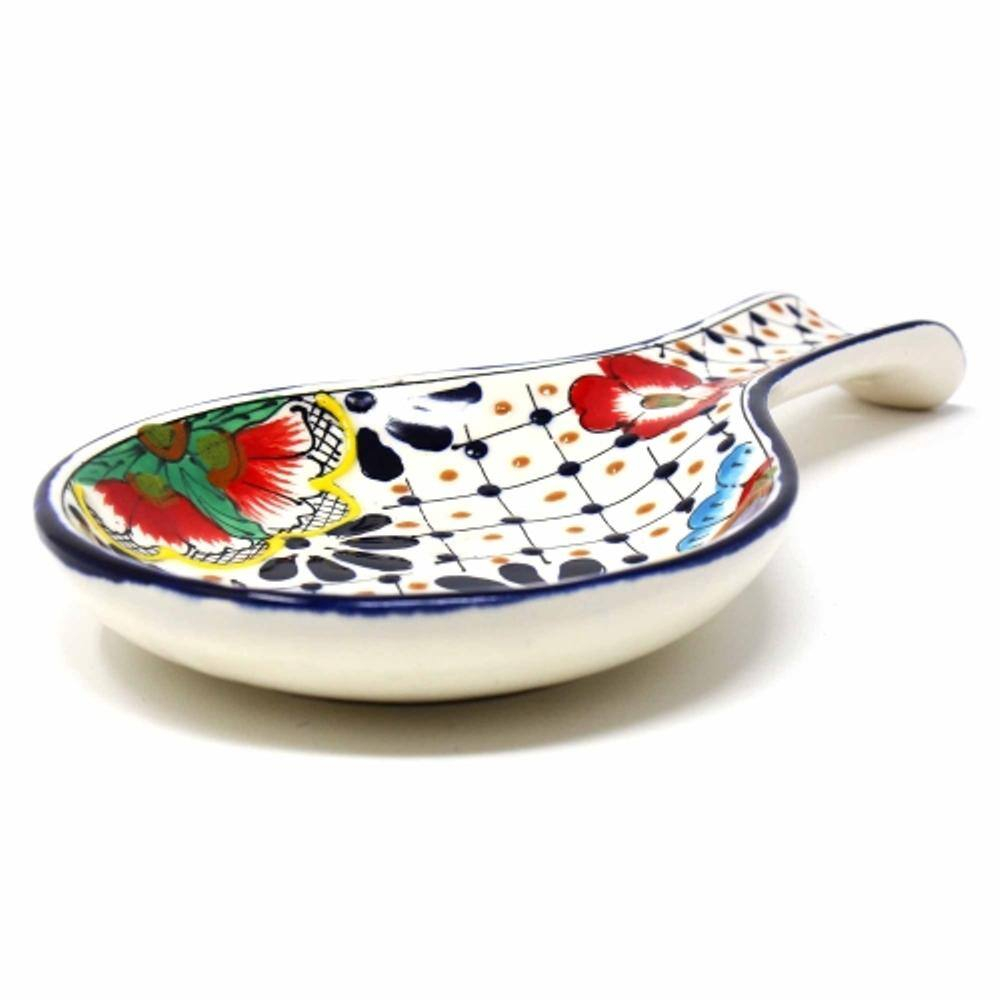 Encantada MC125D Handmade Pottery Spoon Rest, Dots & Flowers