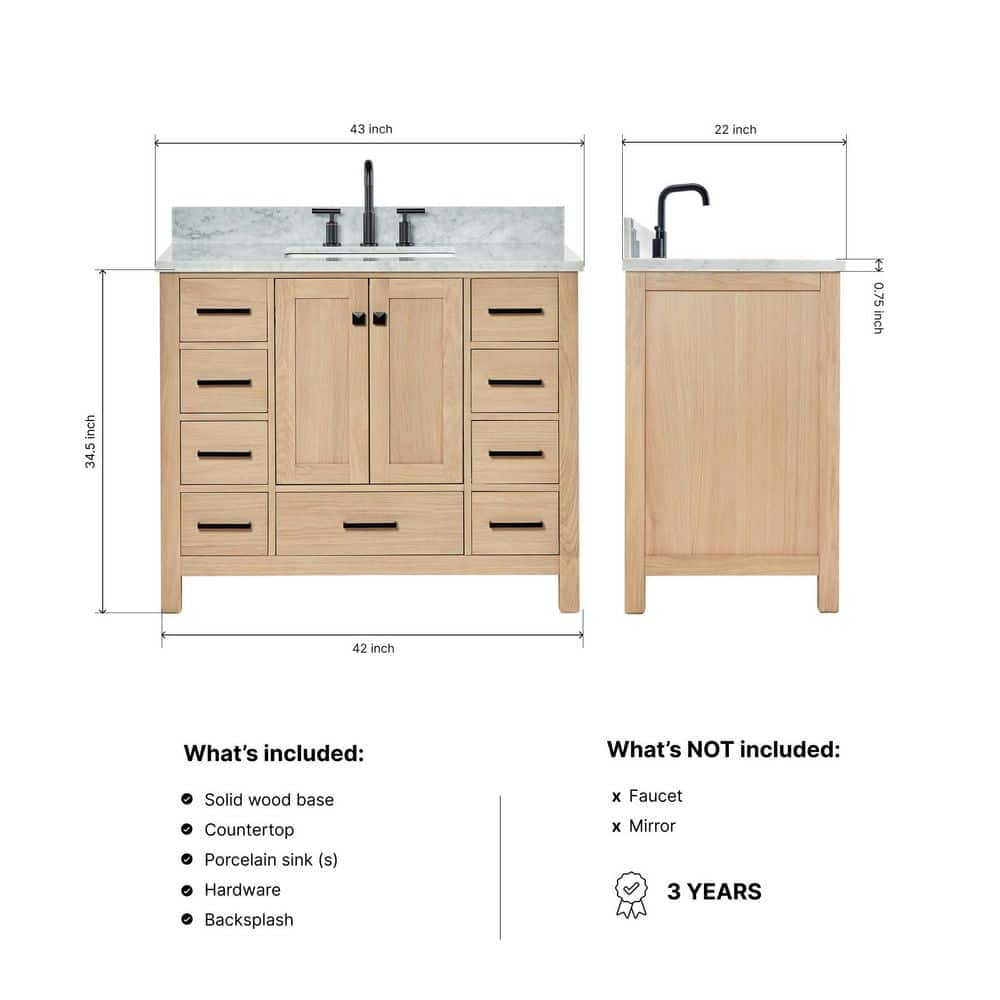 Ariel Cambridge 43 Inch Bathroom Vanity With Italian Carrara Marble Countertop 0.75 inch In Oak