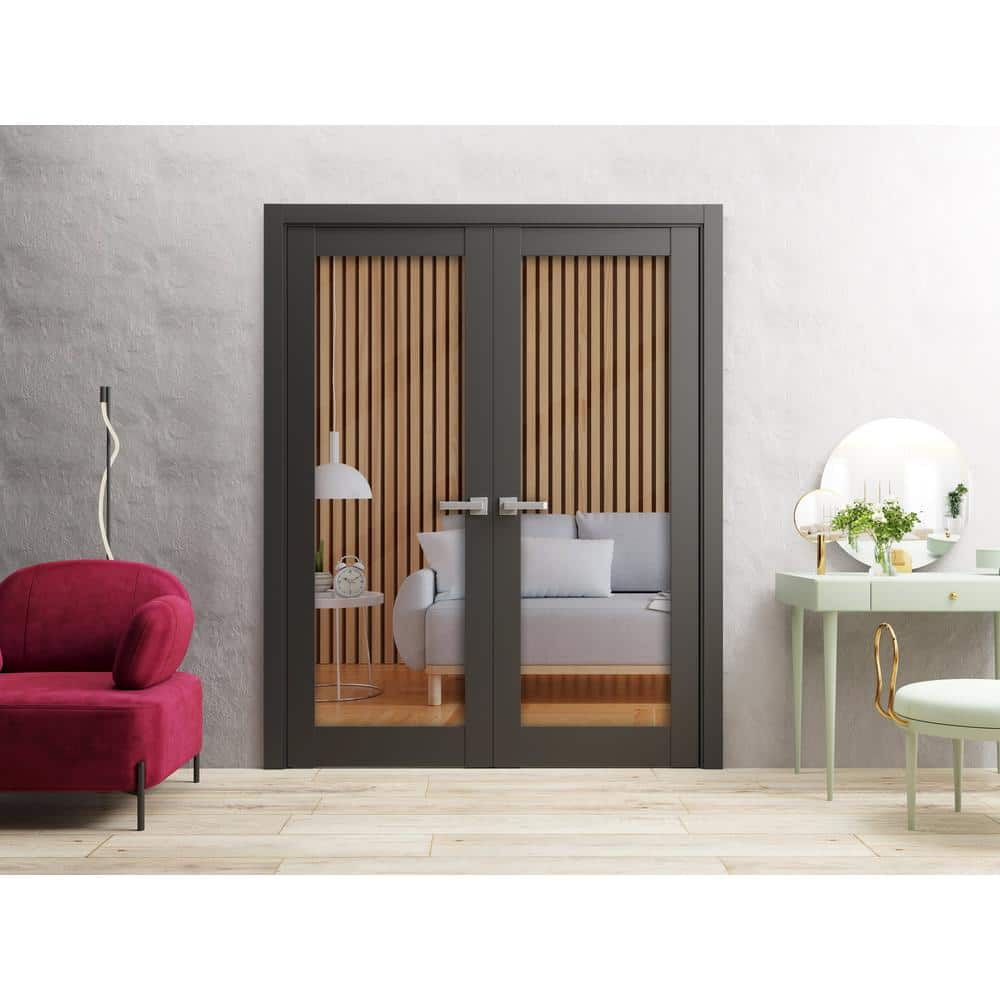 Sartodoors Solid French Double Doors 72" x 84" | Lucia 2166 Matte Black Clear Glass | Solid Wood Panels with Frame & Trims | Modern Interior Doors for Closet, Bedroom, or Living Room