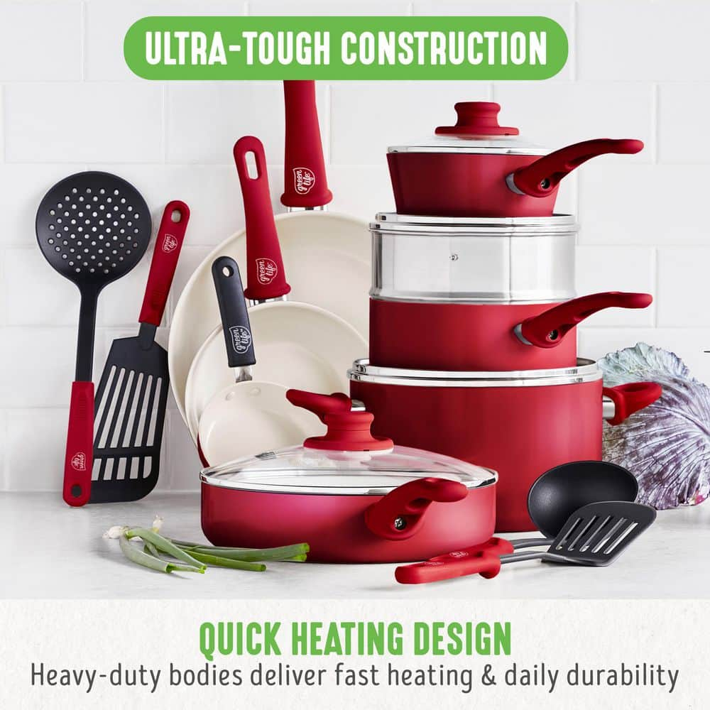 GreenLife 16 Piece Nonstick Cookware Set, Soft Grip Non-Toxic PFAS-Free Ceramic Pots & Pans, Dishwasher & Oven Safe, Frying, Sauce, Saute, Utensils, Glass Lids, Stay-Cool Handles, Wobble Free, Red