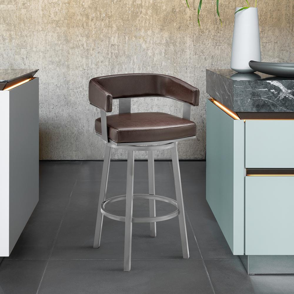 Armen Living Lorin30" Bar Height Swivel Bar Stool in Java Finish and Chocolate Faux Leather