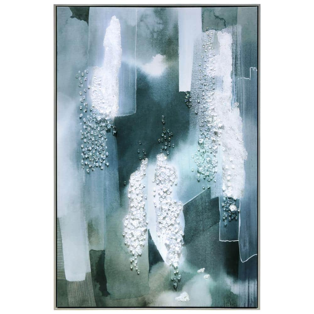 "Silver Mist I" Crystallus Epoxy Coated Wrapped Framed Glossy Canvas Wall Art with Heavy Acrylic Crystal Shards Embellishments