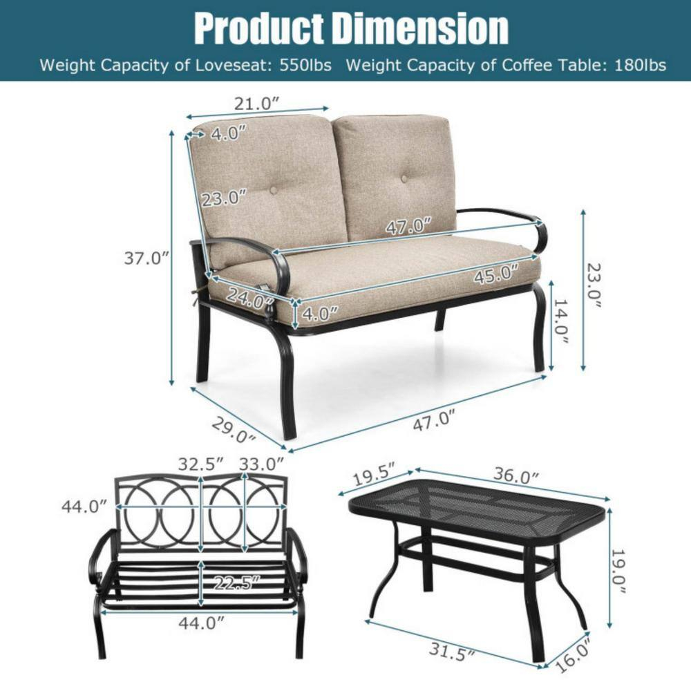 Beige Cushioned Steel Patio Loveseat with Coffee Table