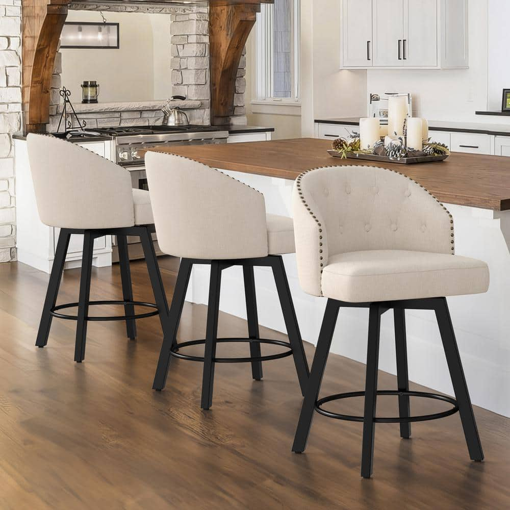 Counter Height Bar Stools Set of 3, 26" Swivel Fabric Upholstered Bar Stools with Backs and Metal Legs, Retro Counter Stools for Kitchen Island, Dining Room, Pub, Linen
