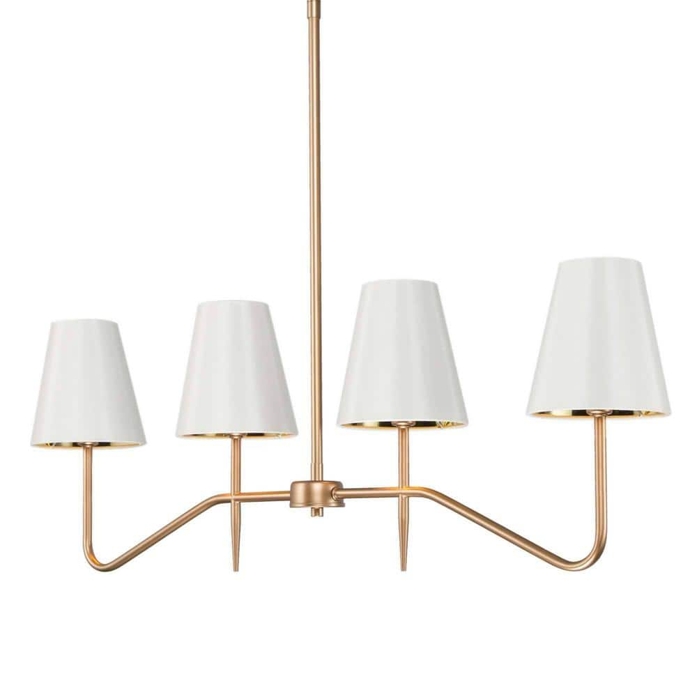 Brightever 4-Light Gold Linear Chandelier, Kicthen Island Light Fixture for Dining Room Over Table, Modern Pendant Lighting with White Fabric Shades for Pool Table, E12 Base (Bulb not Included)