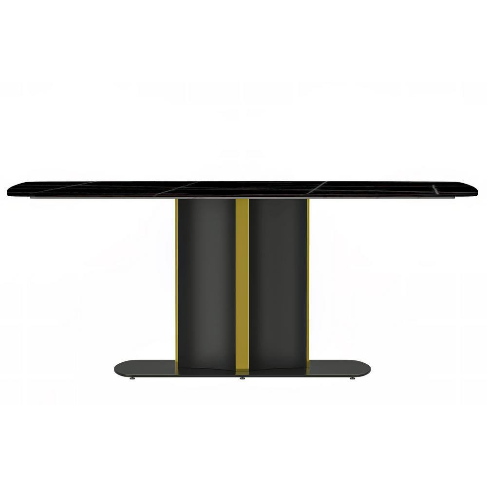 LeisureMod Sylva 62" Rectangular Dining Table Indoor Modern Kitchen Table with Sintered Stone Wide Top and Steel Pedestal Base in Black/Gold