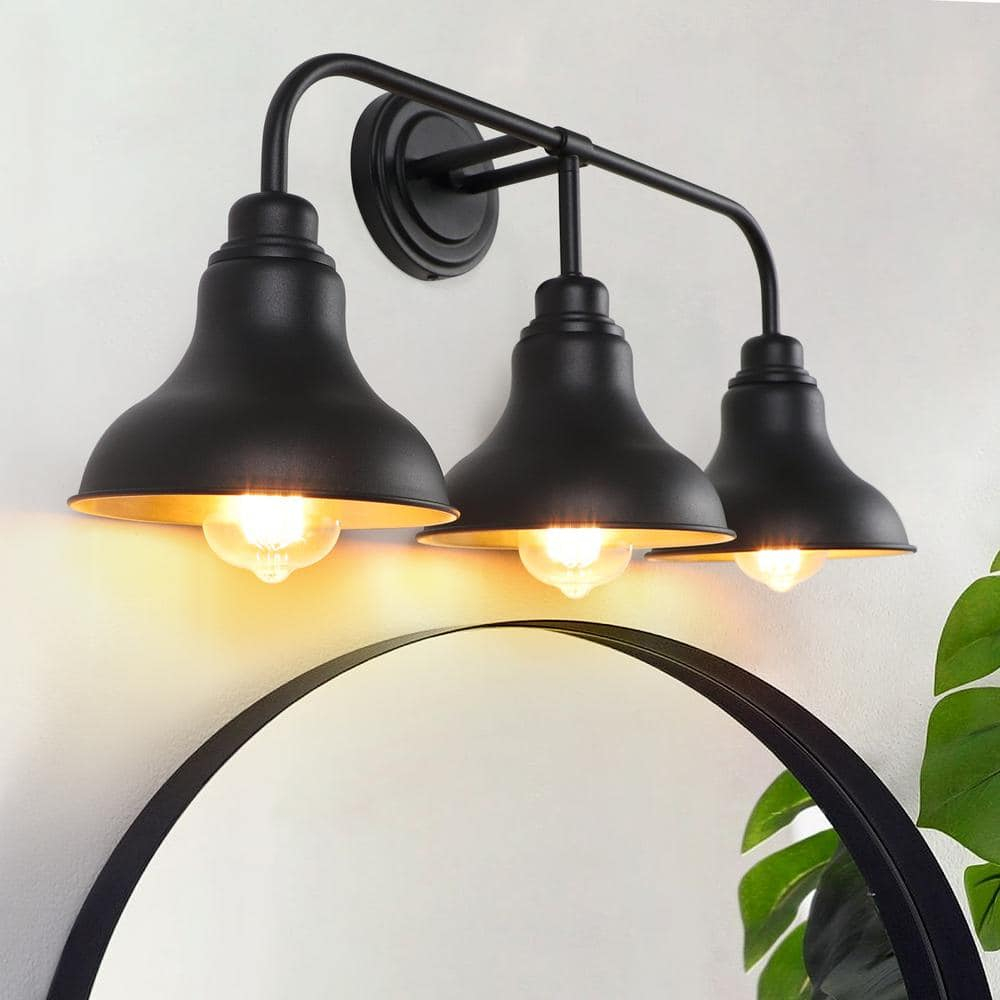 Farmhouse 25.25 in. 3-Light Black Vanity Light with Black Metal Shades