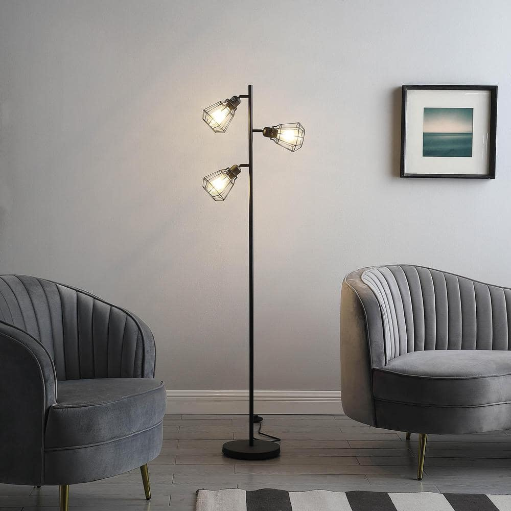 ORE International 65" Adjustable Cage Shade Metal Floor Lamp Black Matte