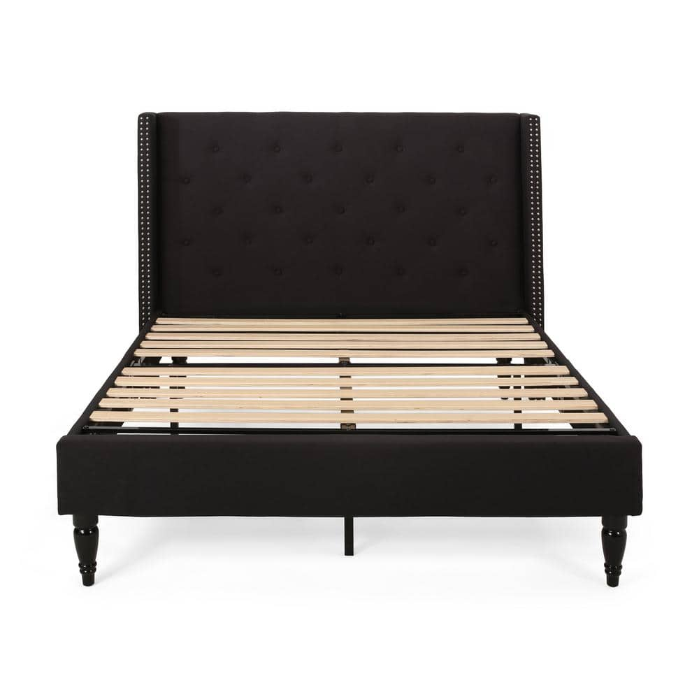 Noble House Liyam Queen-Sized Fabric Fully-Upholstered Traditional Bedframe, Black