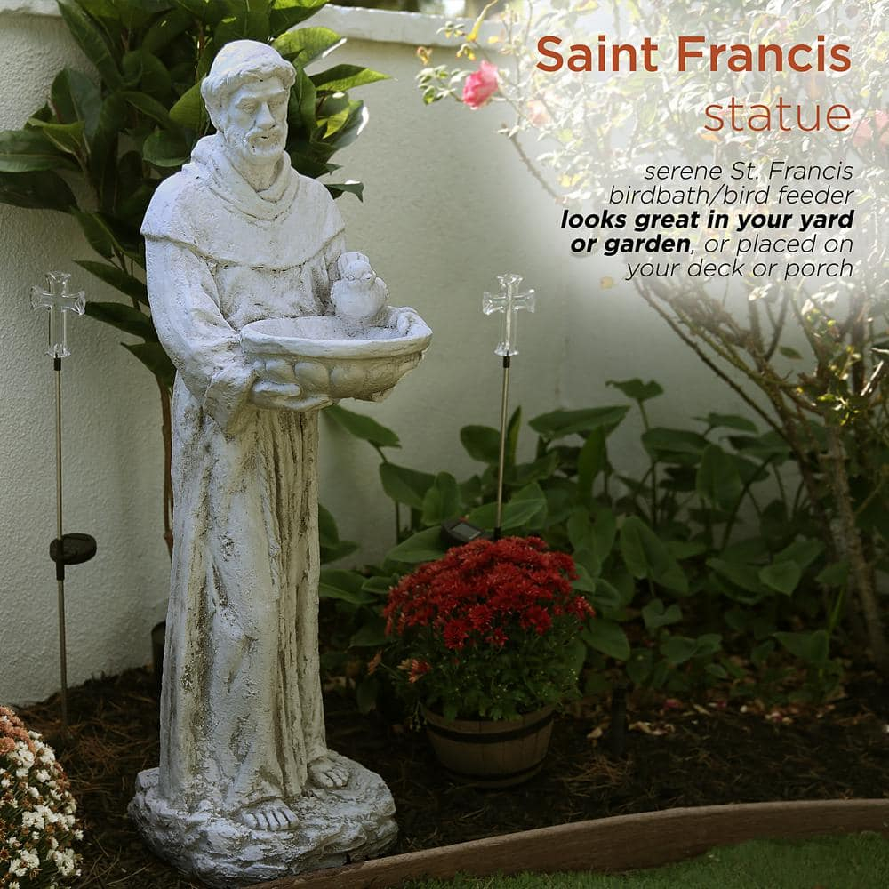 45 in. Tall Outdoor Saint Francis Birdbath Statue Yard Art Decoration, Light Gray