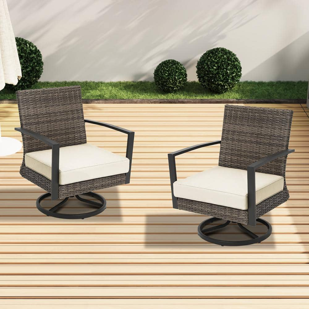 Beige Cushioned Black Metal Rattan Swivel Patio Dining Chairs (2-Pack)