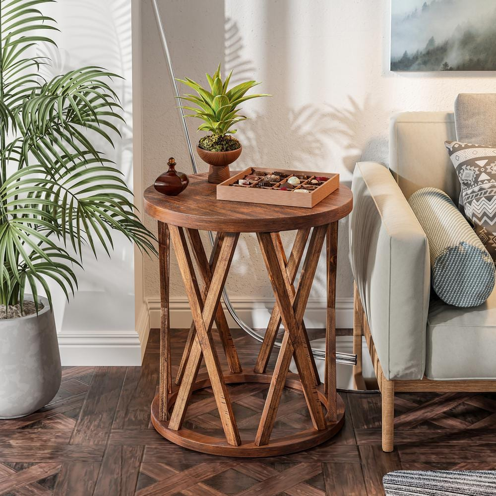 Rustic Brown Round Wood End Table with X-Motif Legs