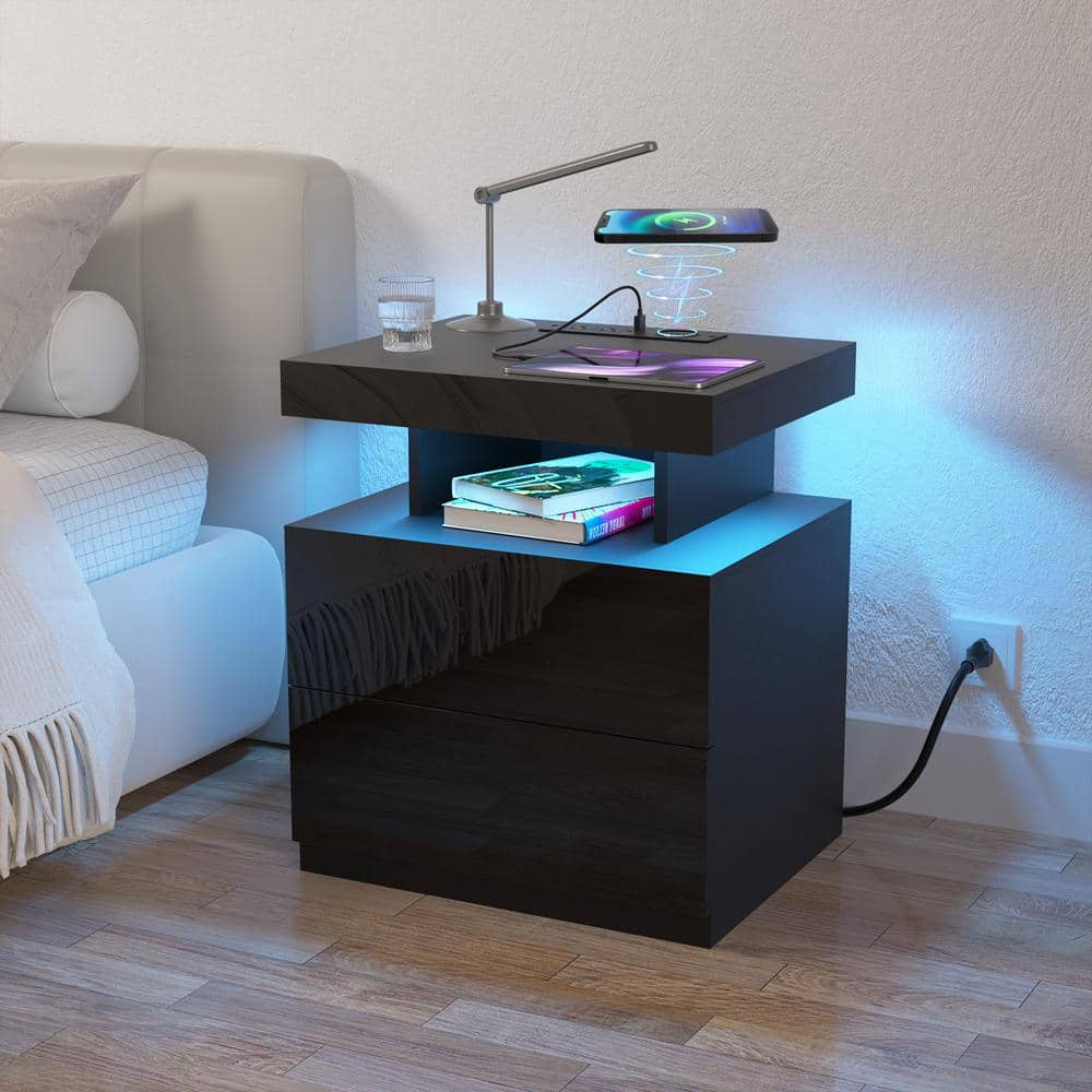 Black Nightstand with Wireless Charging Station and LED Lights, Bedside Table with 2 Drawers, Open Storage, 1 Pull-Out Tray, End Side Table with Storage